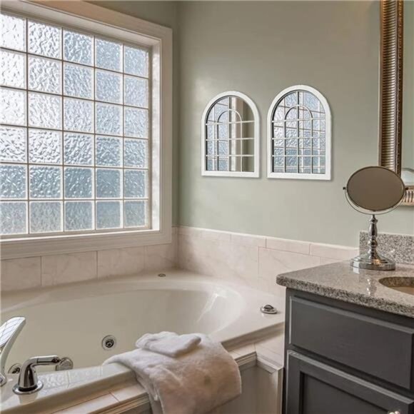 2PCS Arched Window Wall Mirror,Rustic Farmhouse Accent Mirror, Wood - Picture 4 of 8